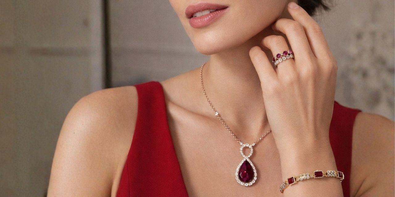 Model wearing ruby and diamond jewelry set including necklace, ring, and earrings
