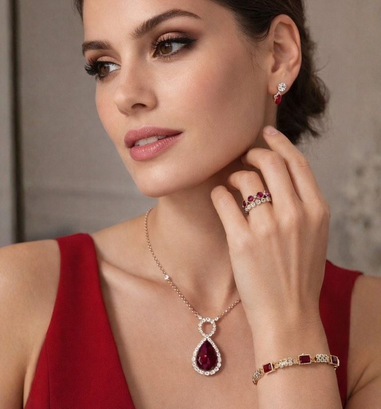 Model wearing ruby and diamond jewelry set including necklace, ring, and earrings