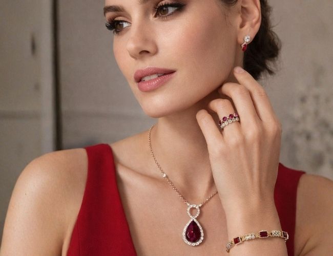 Model wearing ruby and diamond jewelry set including necklace, ring, and earrings