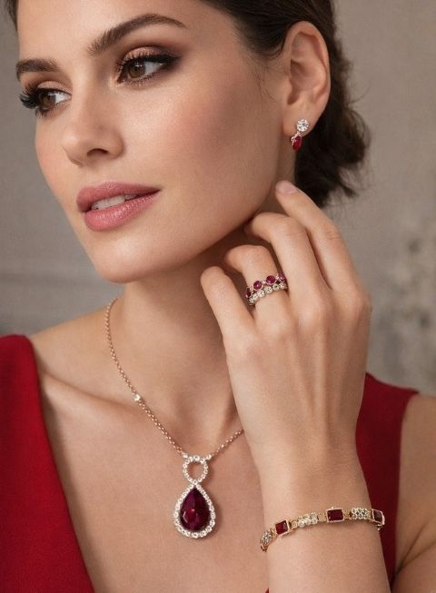 Model wearing ruby and diamond jewelry set including necklace, ring, and earrings